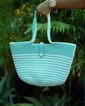Aqua striped cotton tote bag handwoven for women