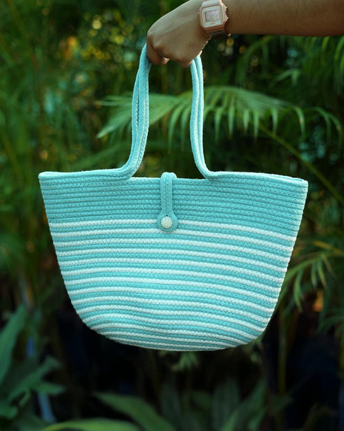 Aqua striped cotton tote bag handwoven for women