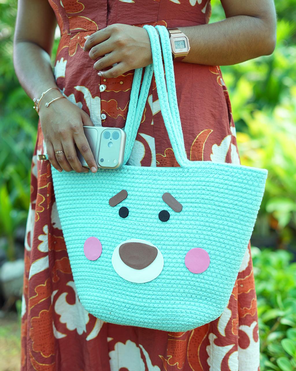 Mint green large cotton tote bag for laptop and books