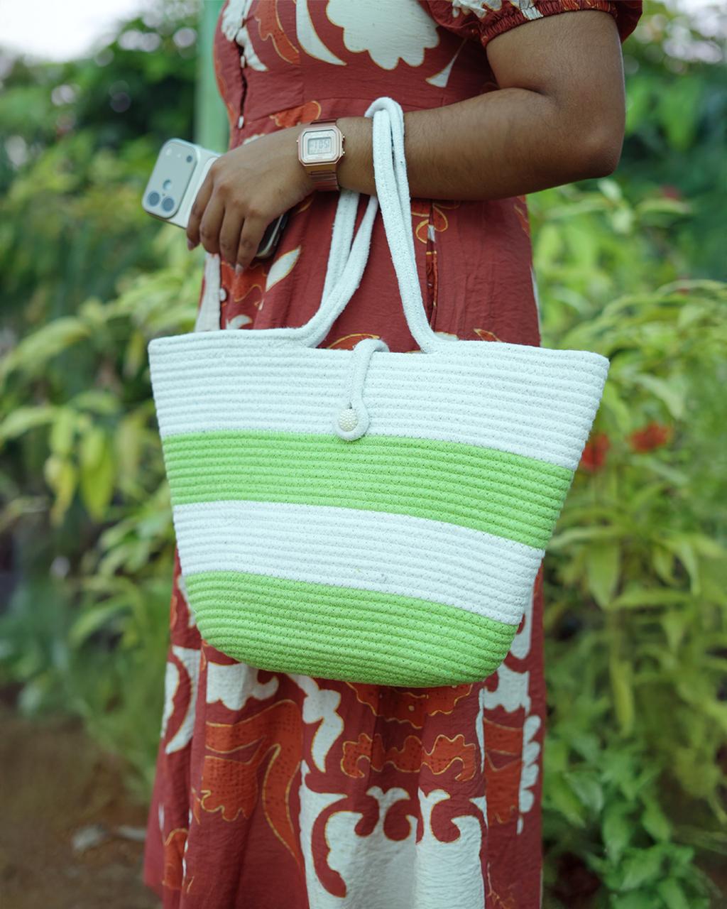 Green striped cotton tote bag lightweight travel bag