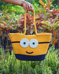 Yellow and navy cotton tote bag with zip closure