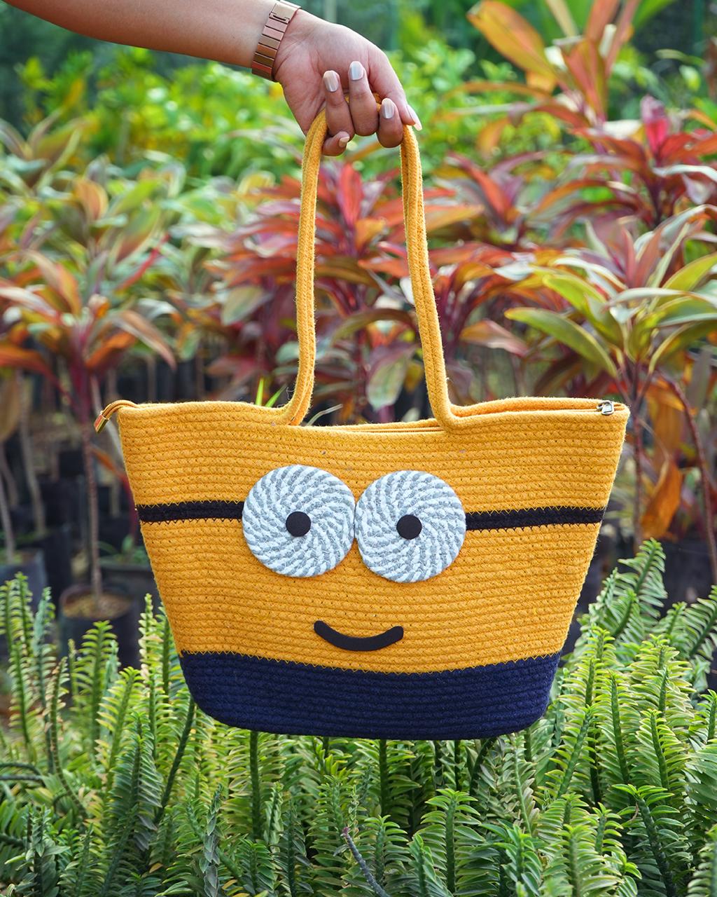 Yellow and navy cotton tote bag with zip closure