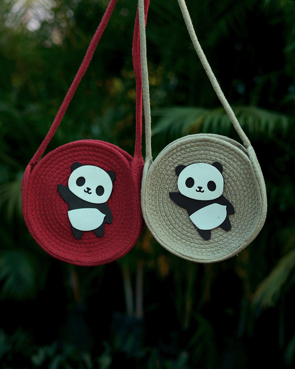 Panda print mini sling bag set in maroon and beige