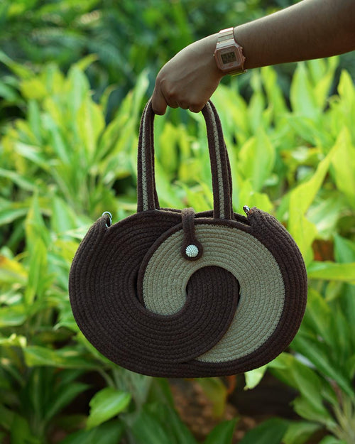 Brown swirl pattern handcrafted cotton rope handbag
